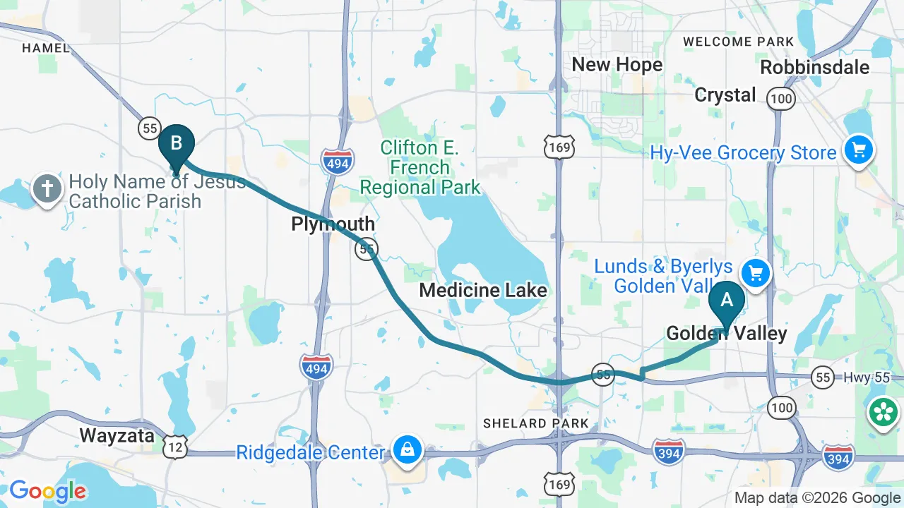 Driving directions map from Golden Valley, MN to Plymouth Spine and Health Center in Plymouth