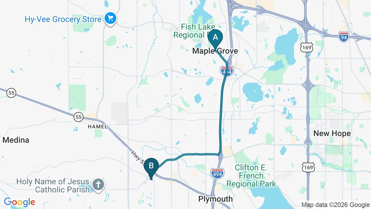 Driving directions map from Maple Grove, MN to Plymouth Spine and Health Center in Plymouth