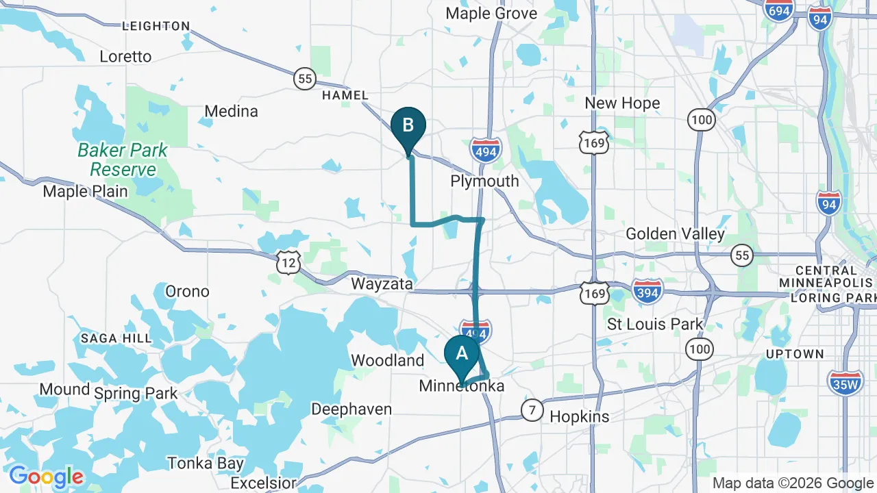 Driving directions map from Minnetonka, MN to Plymouth Spine and Health Center in Plymouth