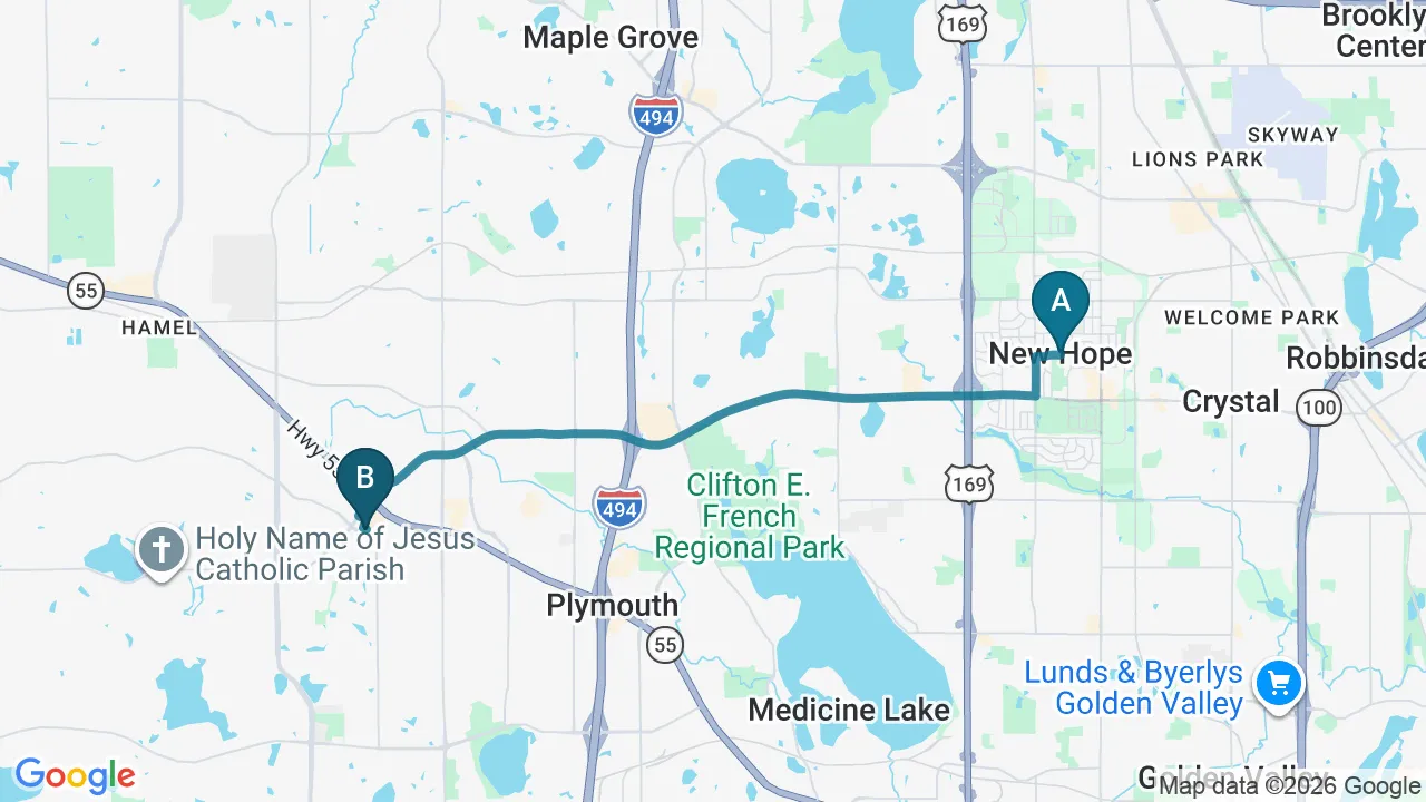 Driving directions map from New Hope, MN to Plymouth Spine and Health Center in Plymouth