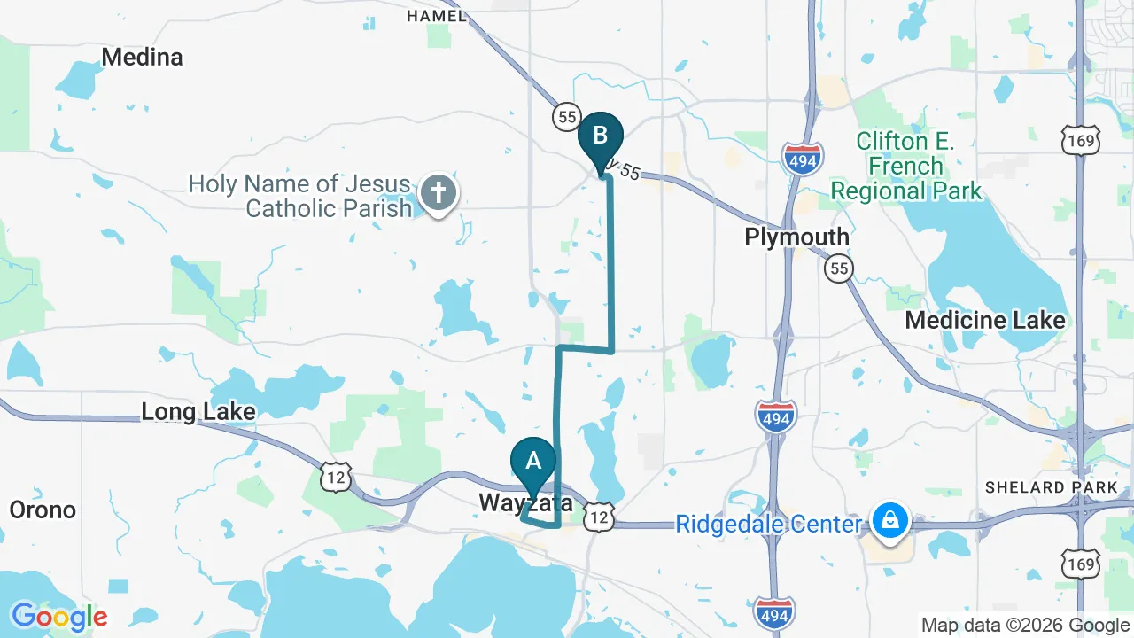 Driving directions map from Wayzata, MN to Plymouth Spine and Health Center in Plymouth
